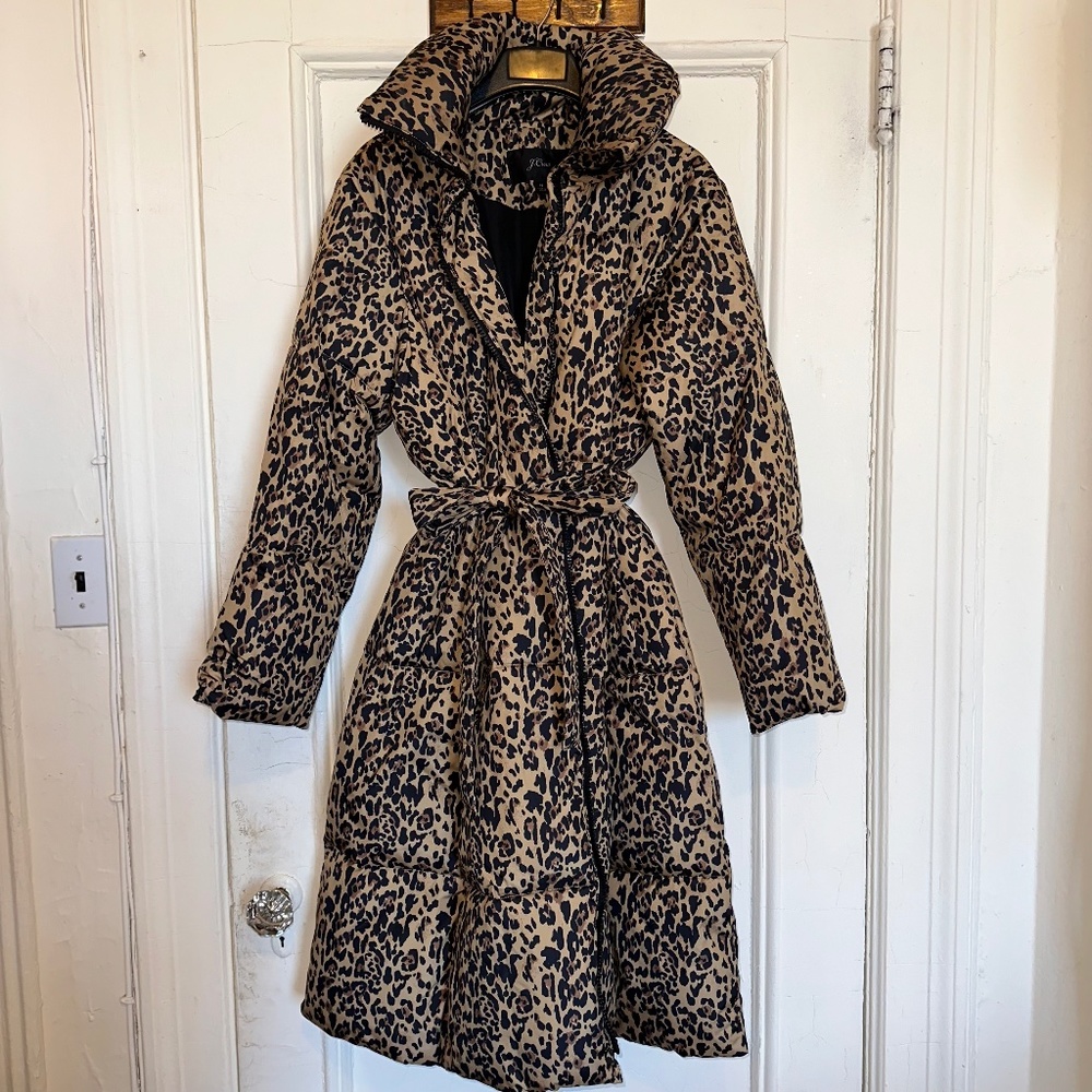 J.Crew Leopard Print Puffer Coat, Size M
